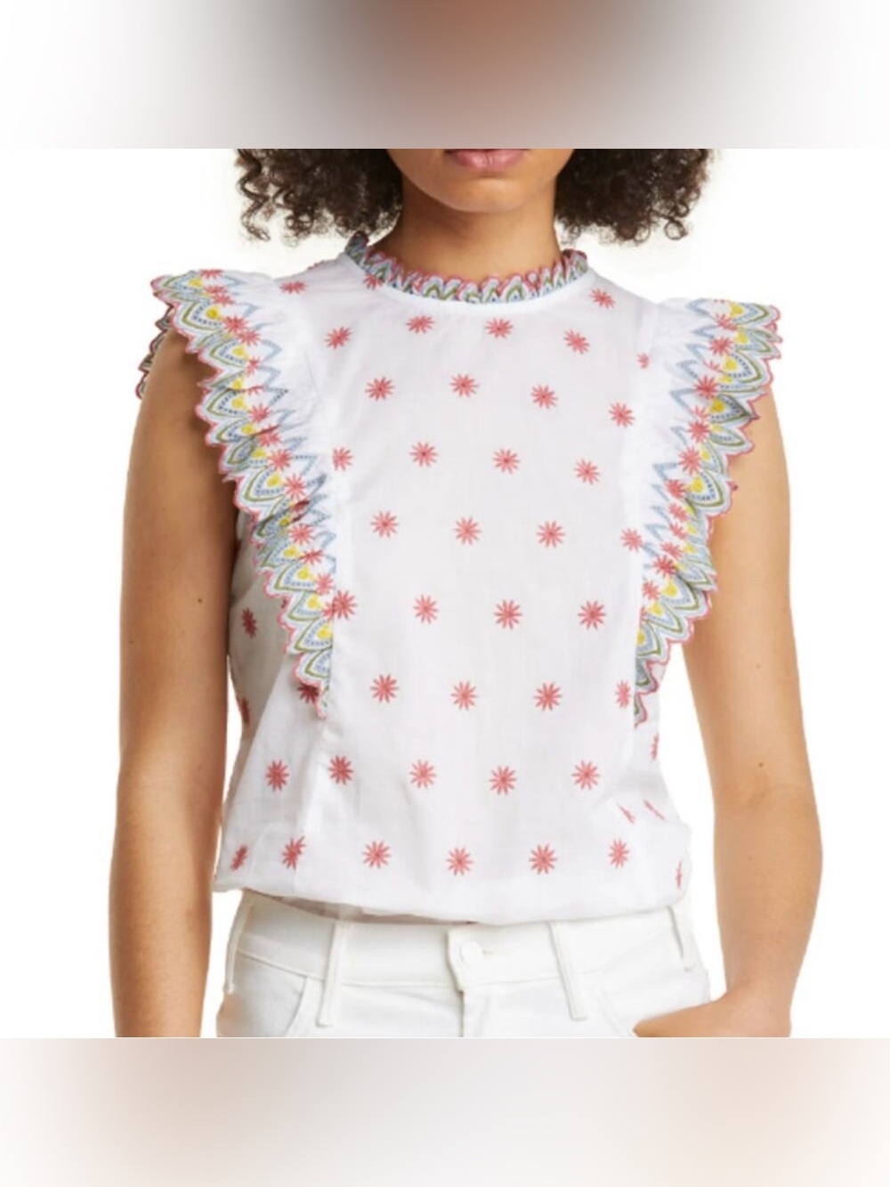 Boden White Embroidered Broderie Anglaise Ruffle Trim Top Shirt Blouse
